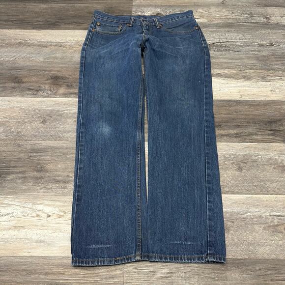 Levis 505 Red Tab Dark Wash Blue Mens 34x32 Regular Fit Straight Leg Denim Jeans - Picture 1 of 11